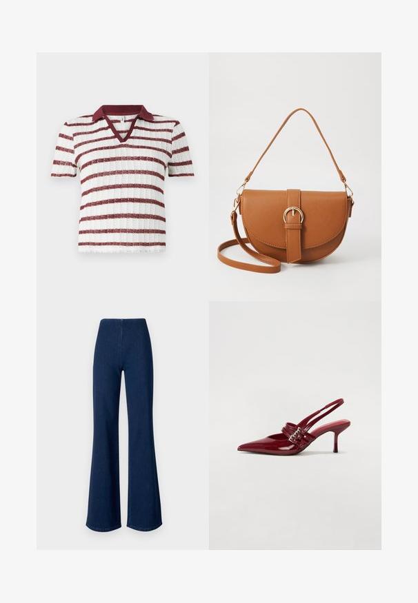 Striped short-sleeve knit top with a burgundy collar, featuring alternating white and maroon stripes. V-neck design and ribbed texture.; Dark blue flared jeans made of denim with an elastic waistband. Features a smooth texture and wide leg design extending to the hem.; Red patent leather slingback heels with a pointed toe, two buckle straps, and a slim, mid-height stiletto heel. Smooth texture.; Brown leather crossbody bag with a curved shape, gold hardware, and a buckle accent. Features a detachable shoulder strap.