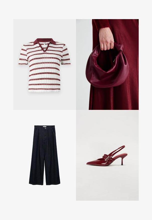 Haut en tricot à manches courtes rayé avec un col bordeaux, présentant des rayures blanches et marron alternées. Design en V et texture côtelée.; Pantalons larges en denim foncé avec taille haute, présentant une fermeture à bouton à l'avant, deux poches latérales et des détails de couture.; Escarpins slingback en cuir verni rouge avec un bout pointu, deux brides à boucle et un talon aiguette slim de hauteur intermédiaire. Texture lisse.; Sac à main en cuir bordeaux au design doux et froncé, avec une forme arrondie. La poignée est fixée, mettant en valeur une texture lisse.