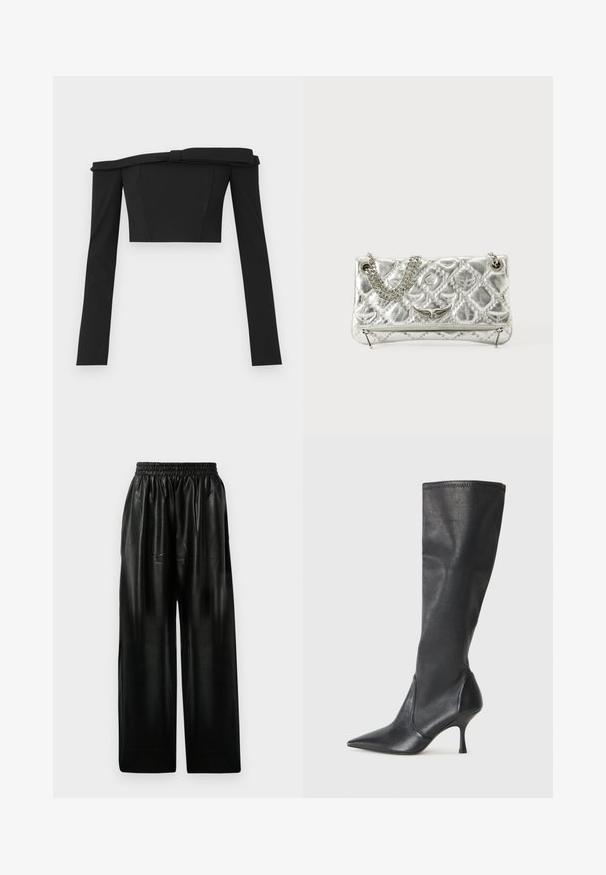 Juodas off-the-shoulder trumpas viršus su ilgomis rankovėmis, pasižymintis struktūrizuotu dizainu ir mazgu prie kaklo, pagamintas iš lygaus audinio.; Juodos odinės plačios kelnės su elastinga juosmeniu, turinčios dvi šonines kišenes ir lygią, blizgią tekstūrą.; Juodų odinių batų iki kelių su smailiu pirštu ir plonu stiletto kulnu. Lygus paviršius, pritaikytas dizainas ir siuvimas viršutiniame krašte.; Sidabrinė metalinė rankinė su grandinėlės rankena, iškaltu paviršiumi, dekoratyvine siuvimo siūle ir užtrauktuku. Priekyje turi iškilmingus akcentus.