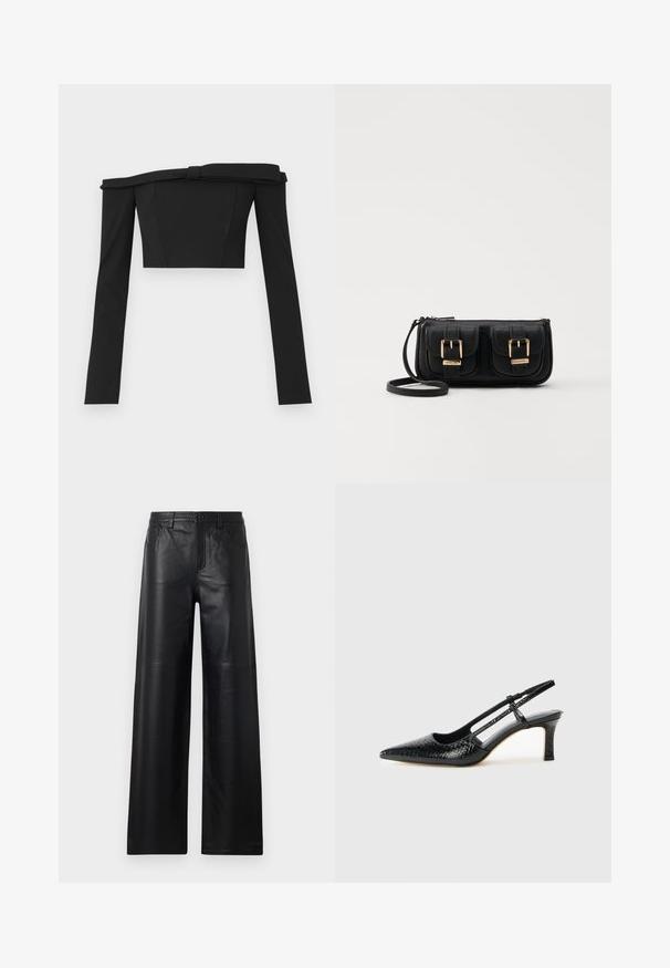 Fekete, váll nélküli, rövidített felső hosszú ujjakkal, strukturált dizájnnal és csomózással a nyaknál, sima anyagból készült.; Széles szárú fekete bőrnadrág sima textúrával, elülső zsebekkel, gombos zárással és finom varrással.; Fekete lakk slingback sarok, hegyes orral, texturált kígyómintával, állítható pánttal és rövid, texturált tömbsarkal.; Fekete bőr keresztbody táska két elülső zsebbel, arany csattokkal, cipzáras záródással és vékony pánttal. Textúrált felület és kompakt téglalap alak.