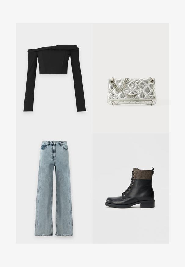 Juodas off-the-shoulder trumpas viršus su ilgomis rankovėmis, pasižymintis struktūrizuotu dizainu ir mazgu prie kaklo, pagamintas iš lygaus audinio.; Šviesiai mėlynos plačios kojos džinsai, pagaminti iš džinsinio audinio, su aukštu liemeniu, švelniais nusidėvėjimo akcentais ir laisvu sijonu su tiesiomis kojomis.; Juodi odiniai auliniai batai su raišteliais, turintys rudą raštuotą tekstilinį apvadą. Įrengti auksiniais akiai ir blokiniu kulnu. Įtrauktas užpakalinis kilpos užtrauktukas.; Sidabrinė metalinė rankinė su grandinėlės rankena, iškaltu paviršiumi, dekoratyvine siuvimo siūle ir užtrauktuku. Priekyje turi iškilmingus akcentus.