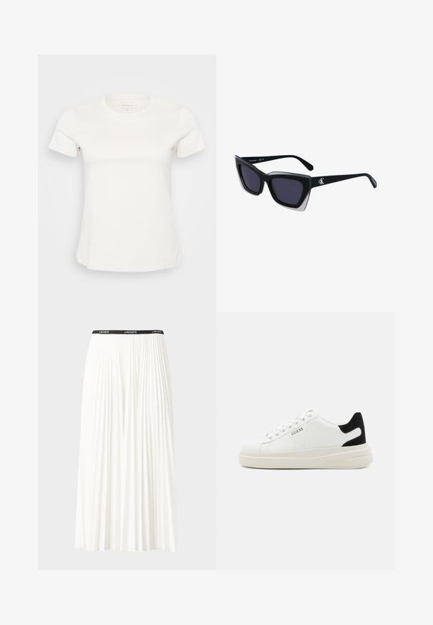 Bílý bavlněný tričko s krátkými rukávy, kulatým výstřihem a mírným elastanem. Má jemné logo na přední straně, hladkou texturu a standardní střih.; Záhybová bílá sukně s černým elastickým pasem s logem "LACOSTE". Suška je střední délky a má jemnou texturu.; Bílé kožené tenisky s tlustou bílou podrážkou, černým semišovým akcentem na patě a vyraženým logem na boku. Šněrovací design se šesti očka.; Černé oversized sluneční brýle geometrického tvaru, s tmavými skly a kontrastním šedým detailem na rámu. Logo na rameni.