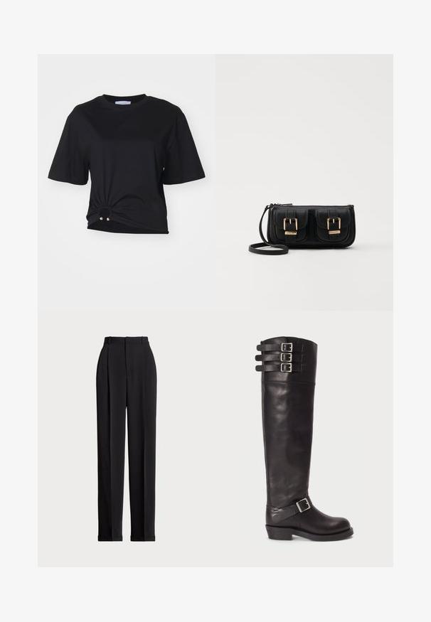 Rabanne TEE - T-shirt basique - black; Pantalons noirs ajustés à taille haute, dotés de plis à l'avant, d'une coupe droite et d'un ourlet à revers. Fabriqués en tissu lisse.; Botte noire en cuir jusqu'au genou avec un bout arrondi, trois boucles de sangle sur le haut et un détail de boucle sur le côté. Semelle plate et texture lisse.; Sac en cuir noir porté en travers avec deux poches avant, boucles dorées, fermeture zippée et une sangle fine. Surface texturée et forme rectangulaire compacte.