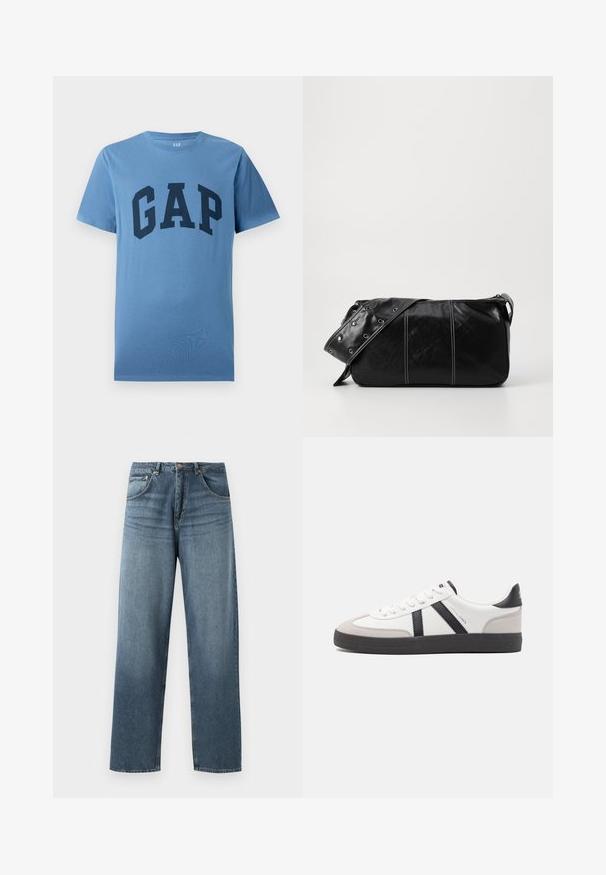 Tricou scurt cu mânecă, de culoare albastră, cu guler rotund, având inscripționat cu litere mari de culoare albastră închis "GAP" pe piept.; Jeans din denim albastru cu picioare drepte și umplutură decolorată, având un design cu cinci buzunare, nasture metalic și bucle pentru curea. Material structurat, de greutate medie.; Sneaker alb cu accente negre și gri, având un capac de vârf gri texturat, talpă din cauciuc negru și șireturi plate albe. Design elegant, stil minimalist.; Geantă de umăr din piele neagră cu închidere cu fermoar, având un corp texturat, cusături albe și o curea cu ochiuri argintii.