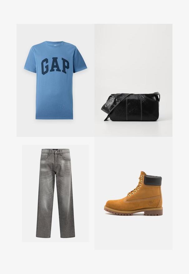 Modrá krátkotrídlová tričko s okrúhlym výstrihom a veľkým tmavomodrým nápisom "GAP" potlačeným na hrudi.; Sivý denimové džínsy s voľným strihom, s detailmi v podobe blednutia a vyblednutej textúry, klasický dizajn s piatimi vreckami a zapínaním na gombík.; Tyrkysové semišové členkové topánky s čiernym polstrovaným golierom, zlatými kovovými očkami, bielym prešívaním a robustnou gumovou podrážkou s výraznými drážkami.; Čierna kožená kabelka cez plece so zipsovým uzáverom, so štruktúrovaným telom, bielym prešívaním a popruhom so striebornými očkami.