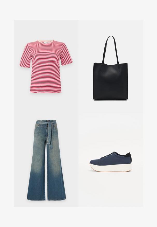 Punane ja valge triibuline lühikeste varrukatega T-särk, valmistatud ribakudumist, ümmarguse kaelusega. Minimalistlik disain, kitsas lõige, ilma märgatavate aktsentideta.; Laiad denimpüksid, millel on hele tume sinine gradiendiefekt, kõrge vöökoht, vöökumlid ja sobivast kangast vöö. Struktureeritud denimi viimistlus.; Tumedat sinised tennised tekstureeritud riidest pealispinnaga, valge platvormi tallaga, ümarate varvaste ja musta kontsapaneeliga. Omab kuut silma paelte jaoks.; Mustast nahast kott sujuva tekstuuriga, ristkülikukujuline ja kahe pika sangaga. Pole nähtavat riistvara ega kaunistusi.