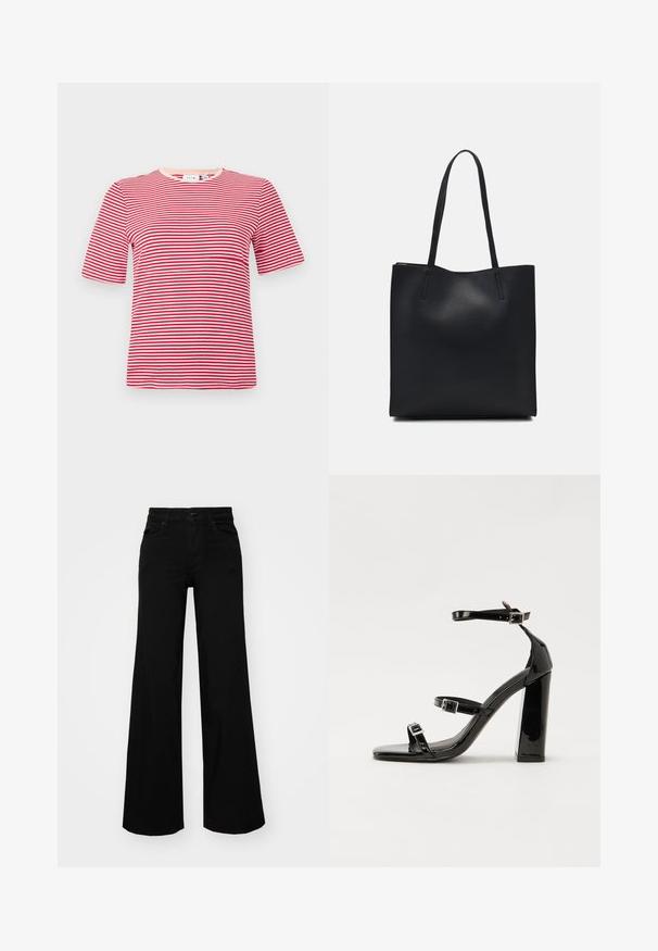Rød og hvit stripete T-skjorte med korte ermer laget av ribbestrikket stoff med rund hals. Minimalistisk design, tilpasset form, ingen bemerkelsesverdige detaljer.; Svart vide bukser laget av denim, med en strukturert midjebånd, beltestropper og frontlommer. Glatt tekstur med et klassisk design.; Svart høyglans sandaler med hæl, firkantet tå, ankelremmer og sølvspenner. Har en kraftig blokkhæl for stabilitet.; Svart lær tote bag med glatt tekstur, rektangulær form og to lange håndtak. Ingen synlige deler eller dekorasjoner.