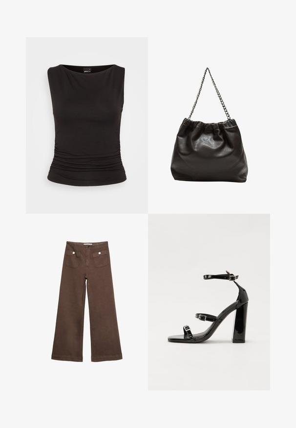 Crni top bez rukava izrađen od rastezljivog materijala, s brodskim dekolteom i naborima na struku, što pruža usku siluetu.; Smeđe široke hlače od pamuka, s dva prednja džepa sa srebrnim dugmadima i glatkom teksturom.; Crne lakirane sandale na visoku petu s dva remena s kopčama, kvadratnim vrhom i masivnom blok petom, s glatkom, sjajnom teksturom.; Smeđa kožna torba s naboranim vrhom i lančićem za nošenje. Glatka tekstura s sjajnim završetkom i suptilnim šavnim detaljima sa strane.