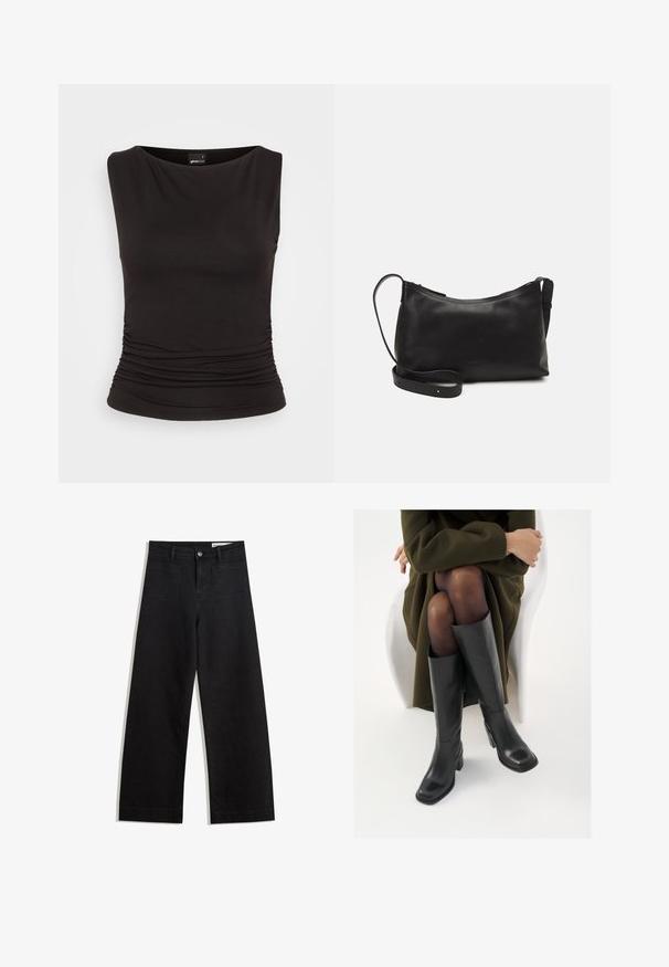Fekete ujjatlan felső, rugalmas anyagból, vállban széles nyakkivágással és deréknál ráncolt részletekkel, amelyek testhez simuló siluettet biztosítanak.; Fekete, bő szabású farmernadrág magas derékkal, elülső és hátsó zsebekkel, varrott felületekkel és gombos záródással. Sima textúra.; Térdfelett érő fekete bőr csizmák négyzet alakú orral és tömbtalppal, olajzöld kabátban ülő modellel bemutatva. Simaság, minimalista részletezés.; Fekete bőr válltáska sima felülettel, ívelt formával, állítható pánttal és cipzáras záródással. Minimalista dizájn díszítmények nélkül.