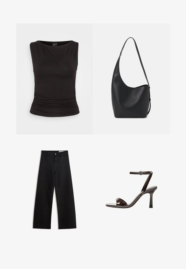 Top negru fără mâneci, realizat dintr-un material elastic, cu decolteu bateau și detalii pliate la talie, oferind o siluetă ajustată.; Pantaloni din denim negri cu picioare largi, cu talie înaltă, având buzunare frontale și posterioare, cusături dublate și închidere cu nasture. Textură netedă.; Sandale cu toc înalt din piele lacuită maro, cu bretele la gleznă, vârf deschis și un design elegant, minimalist. Dispune de un toc pătrat.; Geantă hobo din piele neagră, cu o textură netedă, formă curbată și un singur bretele ajustabil; are o deschidere largă în partea de sus.