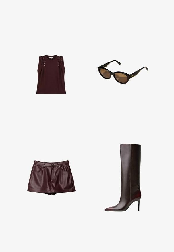 Dark burgundy sleeveless top with shoulder studs, made from soft fabric. Features a classic round neckline and a relaxed fit.; Burgundy faux leather mini skirt with two front pockets, visible stitching, a front zip, and button closure. Sleek, smooth texture.; Brown leather knee-high boot with a pointed toe design, sleek texture, and a stiletto heel. Seam detailing along the side.; Black cat-eye sunglasses with brown lenses. Textured gold hardware on arms. Smooth plastic frame with a glossy finish.