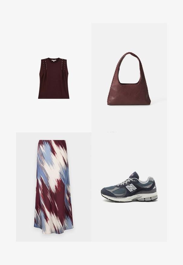 Donker bordeauxkleurig mouwloos topje met schouderstuds, gemaakt van zachte stof. Heeft een klassieke ronde halslijn en een relaxte pasvorm.; Lange rok met een diagonaal tie-dye patroon in bordeauxrood, blauw en crème, gemaakt van zachte stof met een vloeiende silhouet en een lichte glans.; New Balance sneakers met een marineblauwe mesh en suede bovenkant, grijze accenten, wit logo, gevoerde zool en gestructureerde details.; Bordeaux leren handtas met een driehoekige vorm, open bovenkant en vlechtwerk langs de handgreep. Soepele textuur met een matte afwerking.
