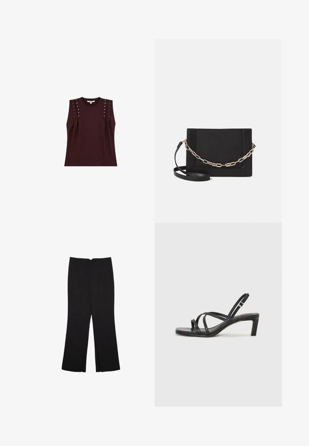 Dark burgundy sleeveless top with shoulder studs, made from soft fabric. Features a classic round neckline and a relaxed fit.; Black trousers with a straight fit, featuring front pockets and side slits at the hem. Made of soft, smooth fabric. Suitable for various occasions.; Black strappy sandal with a square toe and a low block heel. Features multiple thin straps and an adjustable ankle strap. Made of smooth leather.; Black leather crossbody bag featuring a smooth texture, rectangular shape, and a metallic chain detail on the front. Adjustable strap included.