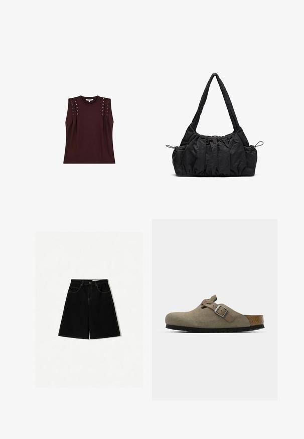 Tumman viininpunainen hihaton paita, jossa on olkapäiden niitit, valmistettu pehmeästä kankaasta. Ominaisuuksia ovat klassinen pyöreä kaula-aukko ja rento malli.; Mustat farkkushortsit, joissa on väljä malli, viisi taskua, keltaiset tikkauskoristeet ja keskipitkä vyötärödesign.; Korkkipohjaiset mokkanahkaiset klossit vaaleassa oliivinvihreässä. Varustettu metallisoljella ja pyöristetyllä varpaalla.; Musta kangaskassi, jossa on rypistetty pinta, kaksi olkahihnaa ja narukiristys sivuilla. Sileä, kevyt materiaali.