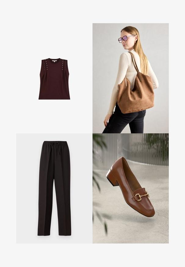 Ciemnopurpurowy bezrękawnik z ćwiekami na ramionach, wykonany z miękkiego materiału. Posiada klasyczny okrągły dekolt i luźny krój.; Czarne szerokie spodnie z elastycznym pasem i regulowanym sznurkiem. Wykonane z gładkiego, lekkiego materiału bez widocznych wzorów.; Brązowe lakierowane mokasyny z kwadratowym noskiem, metalowym łańcuszkiem i niskim blokowym obcasem; gładka faktura, minimalistyczny design.; Brązowa torebka typu tote wykonana z zamszu o miękkiej teksturze, z dużym otwarciem i długimi paskami. Charakteryzuje się prostym designem z widocznymi szwami i bez elementów metalowych.