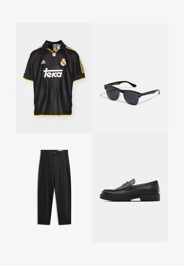 Svart fotbollströja i andningsbart material. Har gula detaljer, en broderad emblem och sponsorlogotyp i vitt. Klassisk kragsdesign.; Svarta bomullsshorts med avslappnad passform, med en klassisk midja, framveck och sidfickor. Slät textur utan mönster.; Svarta lädersneakers med rund tå, med en sydd design, låg plattformssula och en texturerad, mönstrad gummisula.; Svarta solglasögon med rektangulär form, mörka linser, silverdetaljer vid skalmarna och en matt yta på ramen.