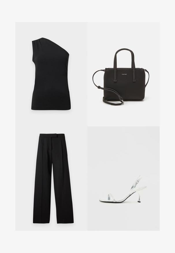 Sorte, en-skulder-top med et glat, tætsiddende design. Lavet af blødt stof med diskrete plisseringer på skulderen.; Sorte bukser med bred benvidde og en glat tekstur, som har en flad front og skræddersyet talje. Enkel design uden synlige metaldele eller mønstre.; Sølv patentlæder slingback højhælede sandal med en smal tårem, justerbar spænde og en slank hæl.; Sort håndtaske med to korte håndtag og en aftagelig skulderrem. Glat læderagtigt materiale med lynlåslukning og logo detaljer.
