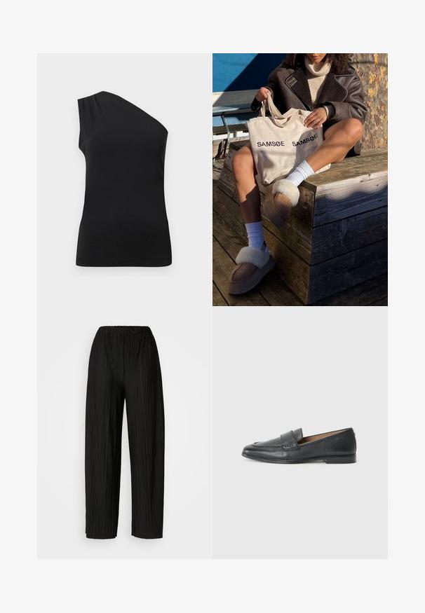 Black, one-shoulder top with a sleek, fitted design. Made of smooth fabric with subtle pleating on the shoulder.; Black pleated wide-leg pants with an elastic waistband. The fabric features vertical pleats and a smooth texture.; Black leather loafers featuring a smooth texture, a slight shine, a rounded toe, and a small decorative stitch along the front.; Beige tote bag with "SAMSOE" printed twice, tan slippers with white fur trim, white socks, and a brown shearling coat on a wooden surface.