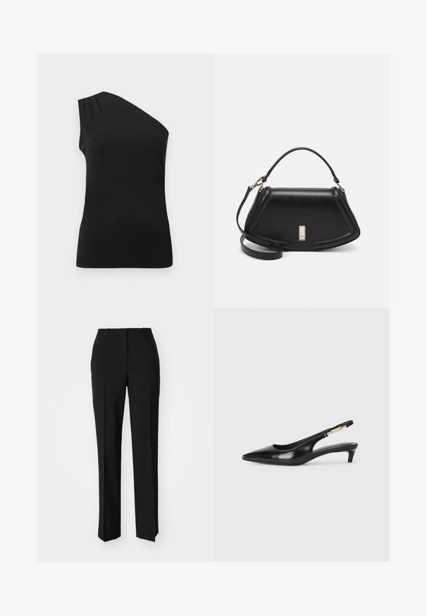 Czarny, top na jedno ramię o eleganckim, dopasowanym kroju. Wykonany z gładkiego materiału z delikatnymi plisami na ramieniu.; Czarne spodnie o dopasowanym kroju z prostymi nogawkami, o gładkiej fakturze i wyraźnych zagięciach z przodu. Bez widocznych elementów metalowych.; Czarne skórzane szpilki typu slingback z ostrym noskiem, posiadające smukły obcas i złoty akcent na regulowanym pasku. Gładka tekstura.; Czarna skórzana torebka o strukturalnym designie, z przyciętą formą, górnym uchwytem i złotymi akcentami. W zestawie regulowany pasek na ramię.