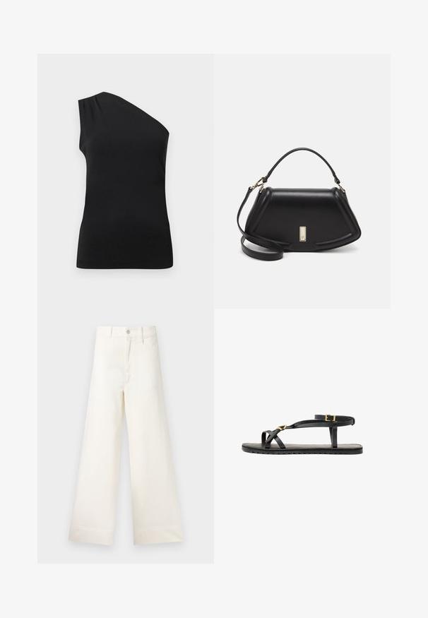 Črna top z enim ramenom z eleganten, prilegajočim se dizajnom. Narejen iz gladkega materiala z rahlim nabiranjem na ramenu.; Široke hlače iz svetlo bež bombaža. Imajo visoko pas, sprednje žepke in ravno krojenje. Čist zaključek brez vzorcev.; Črne usnjene sandale s tankimi naramnicami in zaponko okoli gležnja. Ravna podplat s teksturirano površino in cik-cak robom. Minimalističen dizajn.; Črna usnjena torbica s strukturnim dizajnom, ki ima skrajšano obliko, zgornji ročaj in zlate dodatke. Vključena je nastavljiva ramenska naramnica.