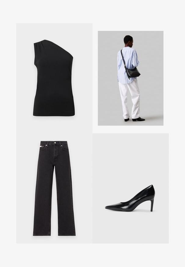 Černý top na jedno rameno s elegantním, přiléhavým designem. Vyrobeno z hladké tkaniny se jemným nařasením na rameni.; Černé široké jeansy vyrobené z denimu, s vysokým pasem, pěti kapsami a kovovým zapínáním s kontrastním prošíváním.; Černé kožené boty na vysokém podpatku s špičatou špičkou, hladkým povrchem a zúženým podpatkem. Minimalistický design, bez dalších ozdob.; Černá kožená kabelka přes rameno s jemnou texturou, trojúhelníkovým tvarem a nastavitelným popruhem, v kombinaci se světle modrou pruhovanou košilí a bílými kalhotami.