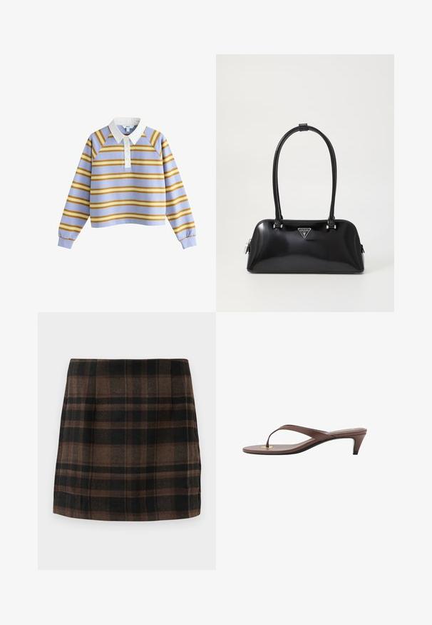 Langarm-Rugbyshirt mit weißem Kragen, hellblauem Grund und horizontalen Streifen in Senfgelb und Gelb, mit Knopfleiste vorne.; Karierte Minirock in Braun-, Schwarz- und Brauntönen, aus strukturiertem Stoff gefertigt, mit tailliertem Design und Seitennähten für Stabilität.; Braune, mit Absatz versehene Flip-Flop-Sandale mit einem schmalen Riemen und abgerundetem Zehensteg, der ein kleines goldfarbenes Akzent auf dem Fußbett aufweist.; Schwarz glänzende Handtasche mit geschwungener Silhouette, zwei Griffen und einem Logo-Plakette auf der Vorderseite. Reißverschlussverschluss und glänzende Hardwareakzente.
