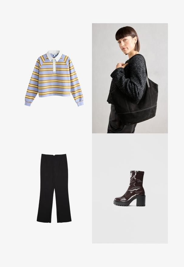 Polo majica s dolgimi rokavi, bela ovratnik, svetlo modra osnova in vodoravne gorčične in rumene črte, spredaj s gumbi.; Črne hlače ravnega kroja z naglavnimi žepi in stranskimi razporki na robu. Narejene iz mehke, gladke tkanine. Primerne za različne priložnosti.; Sijajan škrlatank z bleščečim videzom, z masivnim črnim peto, ki se ponaša z gladko teksturo in preprostim dizajnom. Brez vidnih zapenjal ali vzorcev.; Črna semiš torbica z gladko teksturo, strukturirano obliko in kontrastnim šivanjem. Ima dolge naramnice za nošenje na rami.