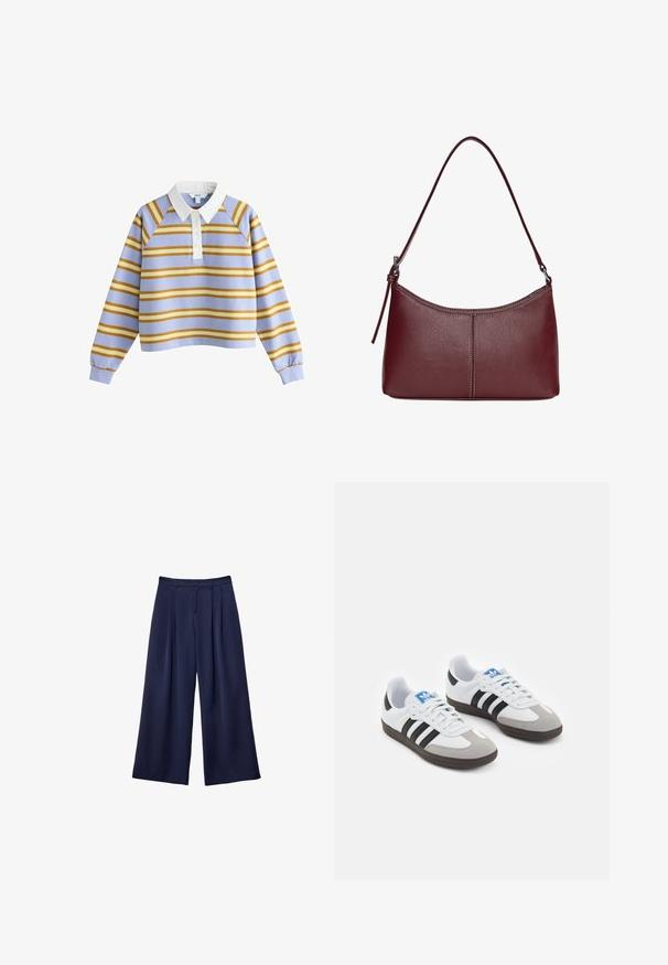 Langærmet rugbytrøje med hvid krave, lyseblå basis og vandrette striber i sennepsgul og gul, med knaplukning foran.; Marineblå brede bukser med plyser, knappet talje og bæltestropper, vist fladt på en hvid baggrund.; Sportsko med en overdel i hvid læder, grå ruskind på tåen og tre sorte striber. Har et blåt logo på tungen og en struktureret gummisål.; Kastanjebrun læderhåndtaske med en buet form, en enkelt skulderrem og syninger i midten. Glat tekstur, minimal hardware.