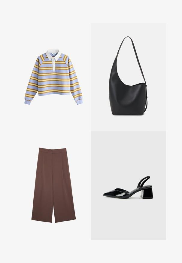 Maglietta rugby a maniche lunghe con colletto bianco, base azzurra chiara e righe orizzontali senape e gialle, con chiusura a bottoni frontalmente.; Pantaloni ampi marroni con una texture liscia, caratterizzati da una vita alta e pieghe frontali. Il tessuto è leggero e scorre liberamente.; Décolleté in vernice nera con punta affusolata e tacco in geometria cubica. Presentano un design elegante e minimalista, con una texture liscia.; Borsa hobo nera in pelle con una superficie liscia, forma curvata e una singola tracolla regolabile; presenta un'ampia apertura nella parte superiore.