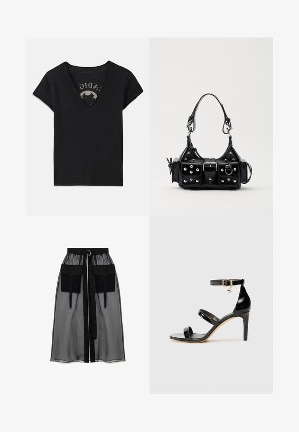 Čierne tričko s krátkym rukávom a hlbokým V-výstrihom, so sieťovanou panelou a potlačou na vnútornej vrstve. Mäkko a priedušne materiál.; Čierna priesvitná sukňa s naťahovacím pásom, ktorá má dve veľké predné vrecká, opasok na viazanie a kruhový kovový akcent.; Čierne lakované sandále s tromi pásikmi, spona na členku a 10 cm ihlovým podpätkom. Obsahujú zlaté detaily s hardwarem a logo prívesok.; Čierna kožená kabelka s zakriveným dizajnom, doplnená striebornými cvočkami, prackou a dvoma bočnými vreckami. Nastaviteľný popruh poskytuje rôzne možnosti nosenia.