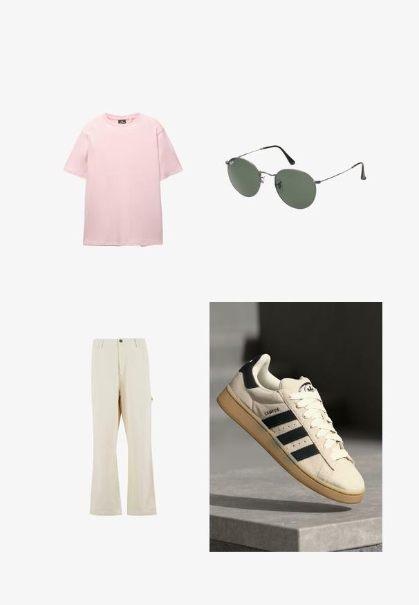 PULL&BEAR JOIN LIFE - Navadna majica - pink; Bež hlače širokih nogavic iz mešanice bombaža z gumbom za zapiranje. Imajo stranske žepe in subtilno teksturo. Vidne so šivane detajle.; Bež nubuk tenisice s tremi temno modrimi črtami, belimi vezalkami in svetlo rjavim gumijastim podplatom. Vključuje logo na jezikcu in besedilo "CAMPUS".; Sončna očala z ovalnimi zelenimi lečami v kovinskem okvirju. Tanjši srebrni kovinski okvir in črne ušesne konice. Minimalistična zasnova, brez vidnih logotipov.