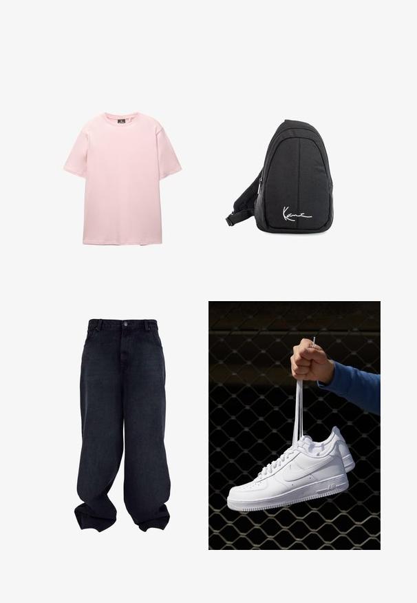 PULL&BEAR JOIN LIFE - Základné tričko - pink; Čierne denimové nohavice s širokým strihom, hladkou textúrou, dizajnom s piatimi vreckami a zapínaním na gombík. Majú uvoľnený strih a zúžený spodný okraj.; Biele kožené tenisky s perforáciami, okrúhlou špičkou, plochou podrážkou a hrubými šnúrkami, pričom majú viditeľné logo swoosh a nápis "AIR" na päte.; Čierny látkový vakuový batoh s hladkou textúrou, ktorý má zakrivený dizajn, zipsovú priehradku a biele logo vpredu.