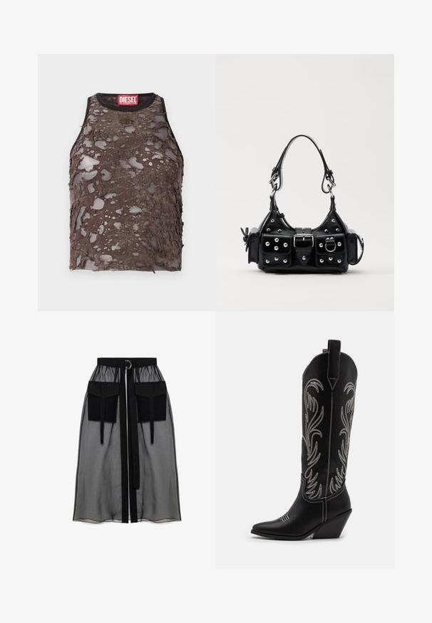 Hnědý top bez rukávů s poškozenou, perforovanou texturou, s černým výstřihem a červenou značkovou etiketou Diesel na límci.; Černá průhledná sukně s nařaseným pasem, která má dvě velké přední kapsy, páskový uzávěr a kulatý kovový akcent.; Černé kožené kovbojské boty s špičatými špičkami, podpatky ve tvaru klínu a stříbrně vyšívanými květinovými vzory po celé délce. Kontrastní prošívání po celém obvodu.; Černá kožená kabelka s křivkovým designem, zdobená stříbrnými hřebíky, s přezkou a dvěma bočními kapsami. Nastavitelný popruh pro různé možnosti nošení.
