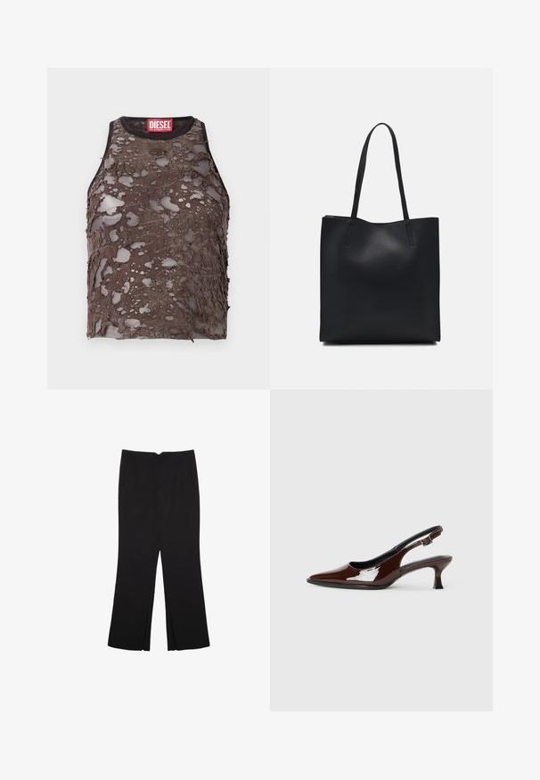 Smeđa bezrukavna majica s otvorenim, perforiranim uzorkom, s crnim izrezom i crvenom oznakom Diesel na ovratniku.; Crne hlače ravnog kroja, s prednjim džepovima i bočnim prorezima na rubu. Izrađene od mekog i glatkog materijala. Pogodne za razne prigode.; Smeđe patentne kožne cipele s otvorenom petom, špicastim vrhom i umjerenom petom. Imaju remen s kopčom za sigurno pristajanje. Glatka tekstura.; Crna kožna torba za nošenje s glatkom teksturom, pravokutnim oblikom i dvije duge ručke. Nema vidljivih metalnih dijelova ili ukrasa.
