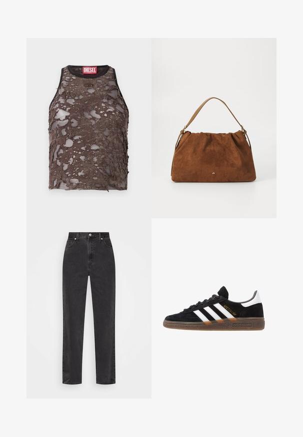 Brown sleeveless top with a distressed, perforated texture, featuring a black neckline and a red Diesel brand label at the collar.; Straight-leg black denim jeans with high waist, front button and zipper, and five-pocket styling on a white background.; Black Adidas sneaker with white stripes, gold "Spezial" text, gum sole, and white heel tab, shown in profile view.; Brown suede handbag with a gathered design, featuring a single tan leather strap and a subtle gold logo detail on the front.