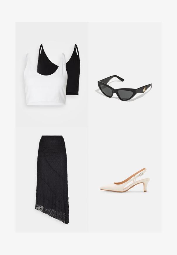 Dva bombažna crop topa v beli in črni barvi. Vsak ima globok izrez in tanke naramnice, ter se ponaša z gladko, mehko teksturo.; Črna čipkasta majica z izrezom čez ramena, dolgimi razširjenimi rokavi in valovitimi robovi. Teksturiran cvetlični vzorec po celotni površini.; ONLY ONLKIM LACE SKIRT - Dolgo krilo - black; Bela slingback peta z ostrim nosom, gladka zgornja prevleka, nizka blok peta in zasnova z stranskimi izrezi ter nastavljivim trakom z zaponko.; Sončne naočale v mačjem stilu z mat črnim plastičnim okvirjem, temnimi lečami in zlatim logotipom na tempeljih. Kotačast dizajn in gladka tekstura.