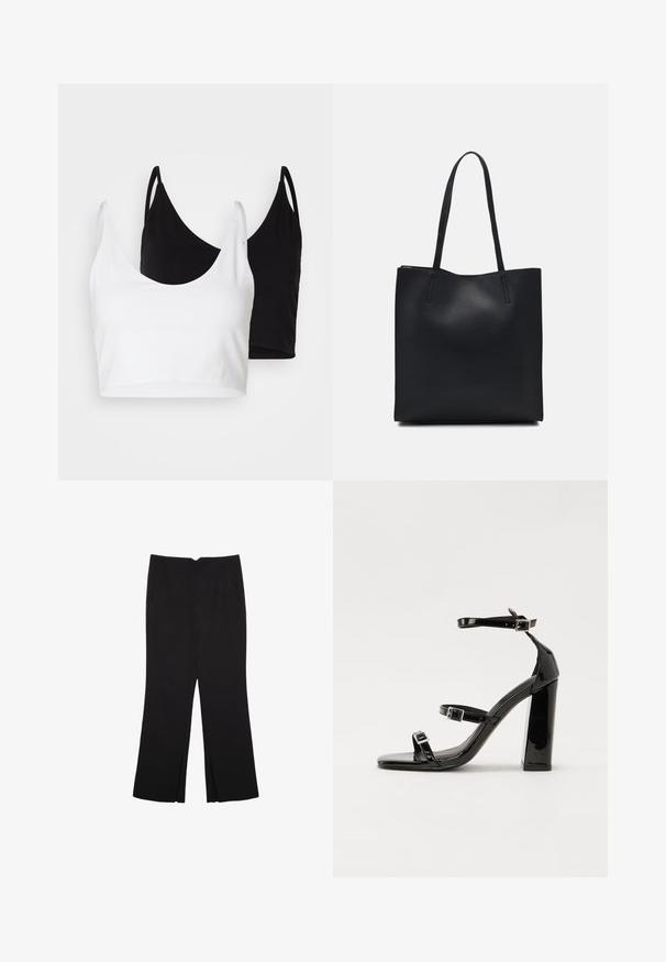 Två bomullstopp i vitt och svart. Varje topp har en djup krage och tunna axelband, med en slät och mjuk textur.; Svarta byxor med rak passform, utrustade med framfickor och sidoklyvningar vid fållen. Tillverkade av mjukt, slätt tyg. Lämpliga för olika tillfällen.; Svarta lackerade klacksandaler med fyrkantig tå, ankelremmar och silverfärgade spännen. Har en kraftig blockklack för stabilitet.; Svart lädertoffelväska med slät textur, rektangulär form och två långa handtag. Ingen synlig hårdvara eller dekorationer.