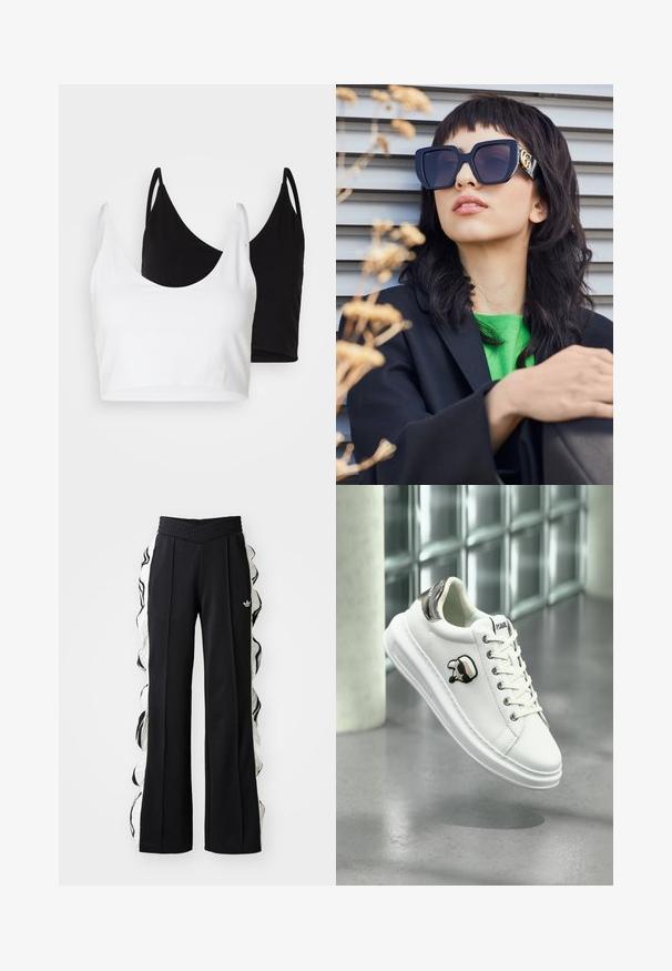 Twee katoenen crop tops in wit en zwart. Elke top heeft een diepe halslijn en dunne schouderbandjes, met een gladde, zachte textuur.; Zwarte sportieve pantalons met een gestructureerde tailleband, voorzien van witte zijpanelen en ruche-details, en een geborduurd logo aan de voorkant.; Witte Karl Lagerfeld sneaker met vetersluiting, zwart en beige logo patch en metallic zilveren hiel tab, zwevend boven een grijze vloer.; Overgedimensioneerde zwarte zonnebril met een dikke rand en gouden accent, gedragen met een zwarte blazer en felgroen shirt, tegen een horizontale achtergrond.