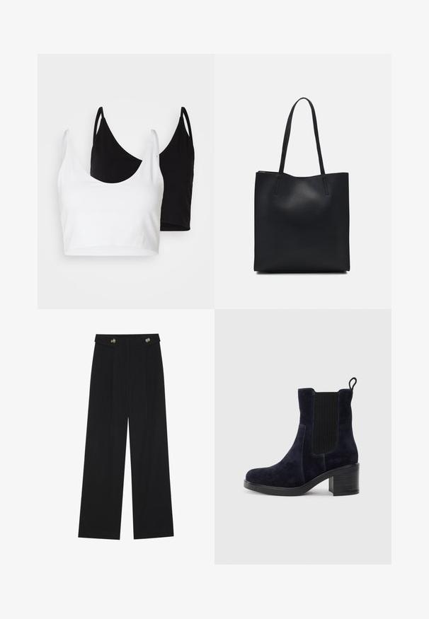 Two cotton crop tops in white and black. Each has a deep neckline and thin shoulder straps, featuring a smooth, soft texture.; Black wide-leg trousers with high waist, button details on waistband, and front pleats.; Navy blue suede ankle boot with elastic side panel, rounded toe, and block heel. Textured fabric and smooth sole add contrast.; Black leather tote bag with smooth texture, rectangular shape, and two long handles. No visible hardware or embellishments.