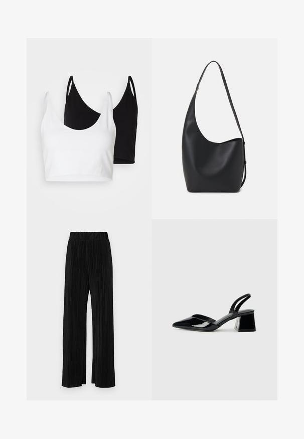 Zwei Baumwoll-Crop-Tops in Weiß und Schwarz. Jedes hat einen tiefen Ausschnitt und dünne Träger und verfügt über eine glatte, weiche Textur.; Schwarze plissierte Hose mit elastischem Bund. Verfügt über weite Hosenbeine und einen glatten, strukturierten Stoff mit vertikalen Streifen.; Schwarze Lackleder-Slingback-High Heels mit spitzem Schuh und einem geometrischen Blockabsatz. Verfügt über ein schlankes, minimalistisches Design und eine glatte Textur.; Schwarze Leder-Hobo-Tasche mit einer glatten Textur, geschwungener Form und einem einzelnen verstellbaren Tragegurt; verfügt über eine weite Öffnung am oberen Ende.