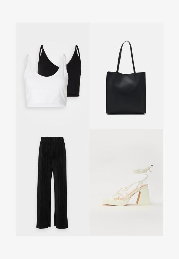 Két pamut crop top fehér és fekete színben. Mindkettő mély nyakkivágással és vékony vállpántokkal rendelkezik, sima, puha textúrával.; Fekete pliszírozott nadrág gumis derekkal. Széles lábakkal rendelkezik, sima, texturált anyagból készült, függőleges csíkokkal.; Fehér, magassarkú szandál vastag sarokkal, pántos dizájnnal és bokapánttal. Sima textúra, elülső platformmal a megnövelt magasság érdekében.; Fekete bőrtáska sima felszínnel, téglalap alakú, két hosszú füllel. Nincs látható fémkiegészítő vagy díszítés.