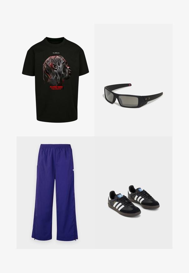 Tricou negru din bumbac cu un grafic al unui chip stilizat în nuanțe de gri și roșu, cu text roșu citind "ZBURÂND SUS" dedesubt.; Pantaloni sportivi ușori, purpurii, cu talie elastică și fermoare pe laterale aproape de tivuri. Textură netedă cu un luciu subtil.; Tenisi negri cu superior din suede și sintetic, având trei dungi albe, talpă din cauciuc texturat și etichetă albastră cu logo pe limbă.; Ochelari de soare negri cu o finisare mată, lentile dreptunghiulare, curbură ușoară pe bănci, detaliu subtil cu logo și lentile cu tentă fumurie.