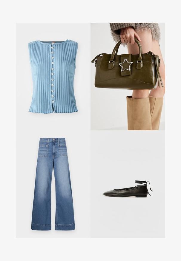 Top azul claro, sem mangas, com textura de ribas verticais e decote redondo. Apresenta botões brancos à frente e uma ligeira fenda na bainha.; Calças de ganga azul de perna larga com uma cintura alta, dois bolsos frontais e dois bolsos traseiros, apresentando um acabamento limpo e um desgaste subtil.; Bailarinas de couro preto com bico fino, laço no tornozelo e sola plana, apresentando uma textura suave e um design minimalista.; Bolsa de mão em pele sintética verde oliva com detalhe de estrela prateada, alças duplas e fecho com zip. Superfície texturizada e forma estruturada.