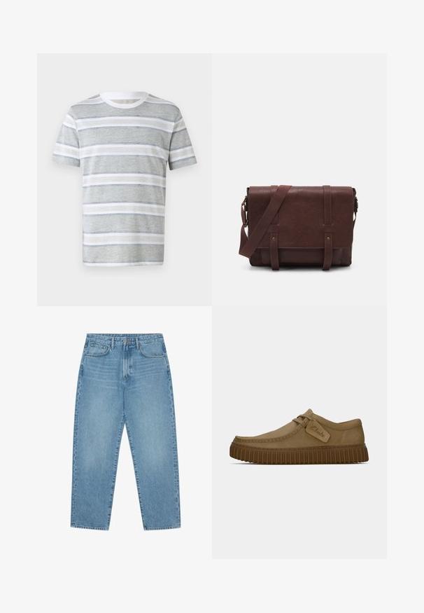 Tricou cu mânecă scurtă cu dungi în gri deschis și alb. Are dungi orizontale, guler rotund și o textură moale. Design simplu.; Jeans din denim albastru deschis cu croială largă și talie înaltă, având cinci buzunare, bucle pentru curea și o textură moale, ușor decolorată.; Pantofi din suede maro deschis, cu vârful rotund, detalii cusute și talpă din cauciuc maro nervurată. Prezintă un eticheta laterală cu logo-ul "Clarks".; Geantă de umăr din piele maro, cu un capac frontal plat, două curele, accente din hardware auriu și o curea de umăr reglabilă.