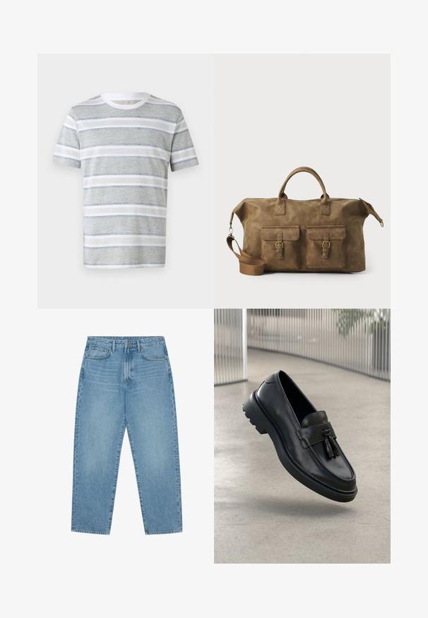 T-shirt a maniche corte a righe in grigio chiaro e bianco. Presenta righe orizzontali, colletto tondo e una texture morbida. Design semplice.; Jeans in denim azzurro chiaro con taglio a gamba dritta, design a cinque tasche e una texture leggermente slavata. Presentano una chiusura con bottone e zip.; Mocassini in pelle nera con finitura liscia, nappe decorative, suola spessa in gomma e dettagli cuciti. Design leggero ed elegante.; Borsa da viaggio in pelle marrone con due tasche frontali, tracolla regolabile, hardware dorato e manici superiori robusti. Texture liscia.