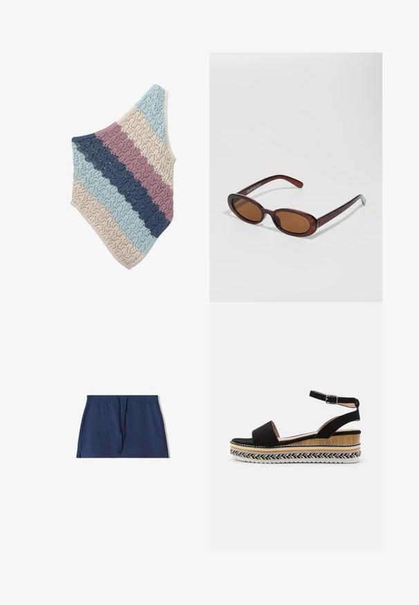 Háčkovaný šál s střídajícími se pruhy v světle modré, námořnické modré, růžové a béžové barvě. Složitý krajkový vzor s trojúhelníkovým tvarem.; Tmavě modré bavlněné kraťasy s páskem na stažení v pase, bočními rozparky a hladkým povrchem. Jednoduchý design bez viditelných vzorů nebo akcentů.; Černé semišové sandály s širokým páskem, přezkou kolem kotníku a vrstvenou wedge podrážkou, která má přírodní textury a opletený vzor.; Kulaté sluneční brýle hnědé barvy s lesklým burgundským rámem. Úzké nožičky s jemným logem. Rovné čočky.