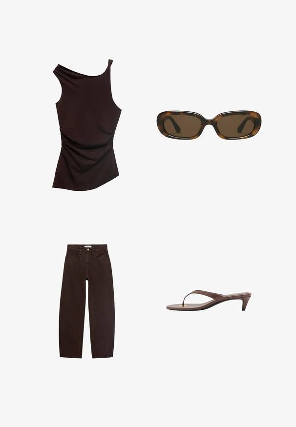 Asymmetrisches braunes Oberteil mit einseitigem Design, gerafftem Textur auf einer Seite und glatter Oberfläche auf der ganzen Fläche. Weicher, elastischer Stoff.; Braune Jeans aus Denim mit entspannter Passform, ausgestattet mit fünf Taschen, Gürtelschlaufen und klassischem Reißverschluss. Glatte Textur und gerades Bein-Design.; Braune, mit Absatz versehene Flip-Flop-Sandale mit einem schmalen Riemen und abgerundetem Zehensteg, der ein kleines goldfarbenes Akzent auf dem Fußbett aufweist.; Sonnenbrille im Schildpatt-Look mit einem glatten, abgerundeten rechteckigen Rahmen und braunen Gläsern. Ausgestattet mit dünnen, gebogenen Bügeln mit glänzender Oberfläche.