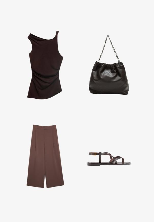 Top marrone asimmetrico con design a spalla unica, texture arricciata su un lato e finitura liscia su tutta la superficie. Tessuto morbido e elasticizzato.; Pantaloni ampi marroni con una texture liscia, caratterizzati da una vita alta e pieghe frontali. Il tessuto è leggero e scorre liberamente.; Sandal in pelle marrone con cinturini incrociati, chiusura con cinturino alla caviglia e suola piatta con dettagli di cucitura minimi.; Borsa in pelle marrone con parte superiore arricciata e tracolla a catena. Texture liscia con finitura lucida e dettagli di cucitura sottili sui lati.