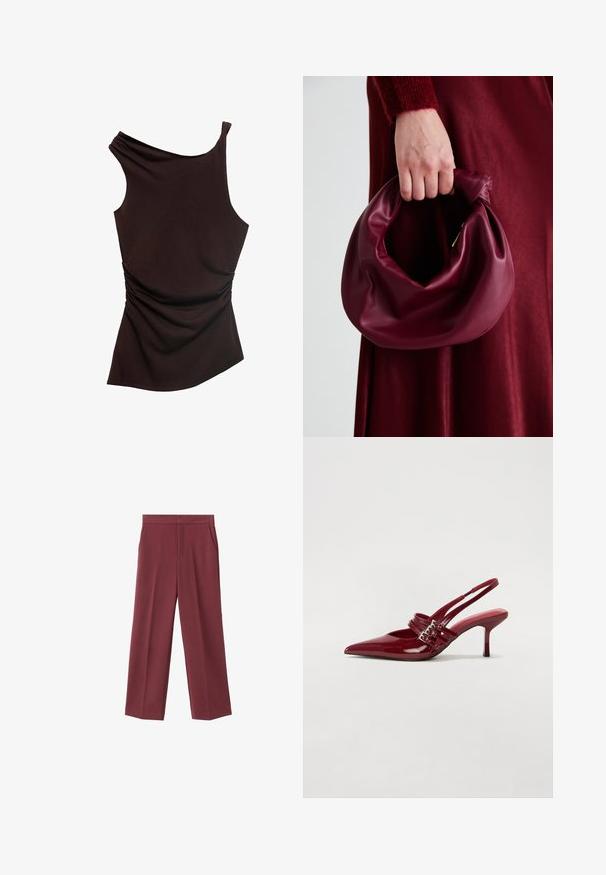 Asymetrický hnedý top s jedným ramienkom, na jednej strane s riasenou textúrou a hladkým povrchom. Jemná, elastická tkanina.; Bordové nohavice s širokými nohavicami a hladkým povrchom, s bočnými vreckami a vysokým pásom. Ušité s čistým predným záhybom.; Červené lakované kožené sandále na podpätku s jemne špičatou špičkou, dvoma prackovými remienkami a štíhlym, stredne vysokým ihlovým podpätkom. Hladký povrch.; Burgundská kožená kabelka s mäkkým, zhromaždeným dizajnom a zaobleným tvarom. Rukoväť je pevne zaisťujúca a vystavuje hladkú textúru.