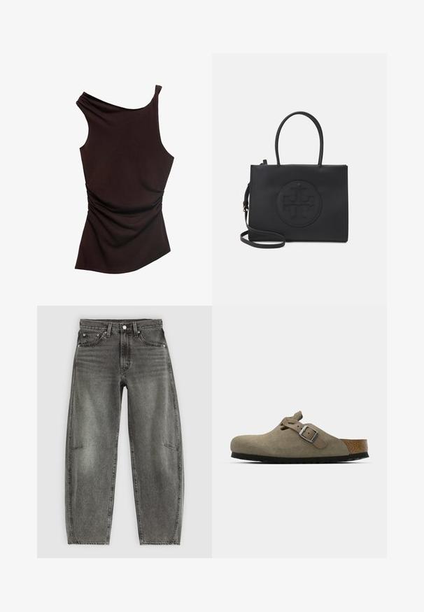 Asymmetrisk brun topp med design för ena axeln, rynkad textur på ena sidan och slät yta över hela. Mjuk, elastisk tyg.; Högmidjade gråtvättade denimjeans med fem fickor, knäppning och en avslappnad rak benpassform.; Mockasiner i mocka i ljus olivgrön med en formad kork- och gummisula. Har ett sidclicked band med en metallspänne och en rundad tå.; Svart handväska av slät material med dubbla handtag, en avtagbar axelrem och en rund präglad logotypdetalj på framsidan.